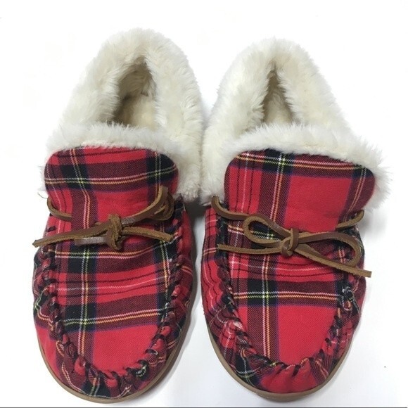 J. Crew Plaid Lodge Moccasins in Red 6 NWOB - Picture 2 of 8